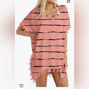 Yincro coral/black striped Chiffon Tassel Swimsuit Cover Up Beach
